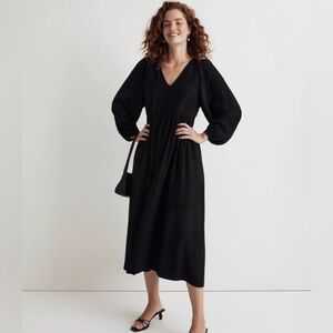 Madewell Black Long Sleeve V-Neck Dress, Midi Length, size Small, like new